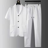 2023 Fashion Men's Two Piece Sets Spring Summer Casual Short Sleeve Shirts Pants Suit Solid Geometry Pattern Printed Outfit Men