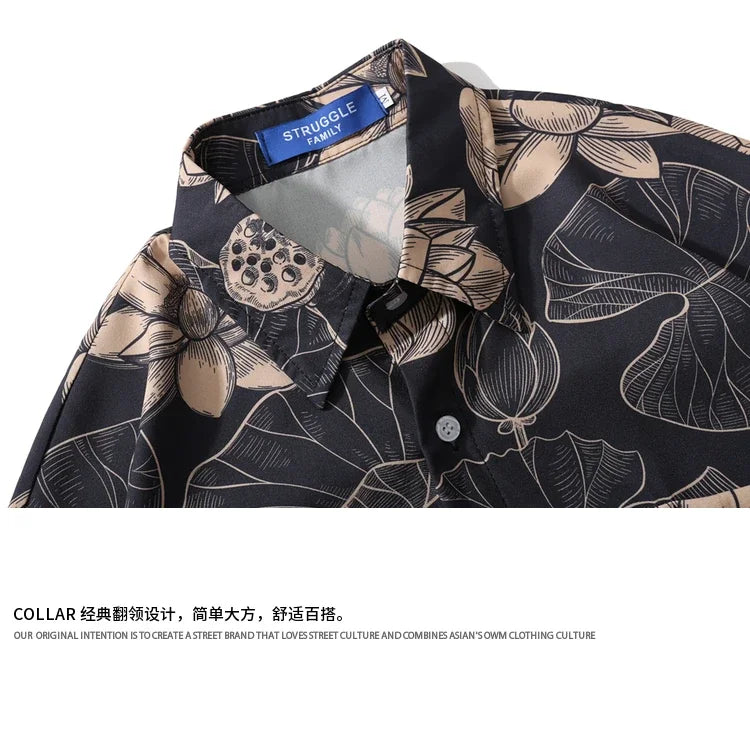 Retro HK Wind Full Printed Short Sleeved Shirts Loose Casual Shirt Jacket Men and Women for Summer