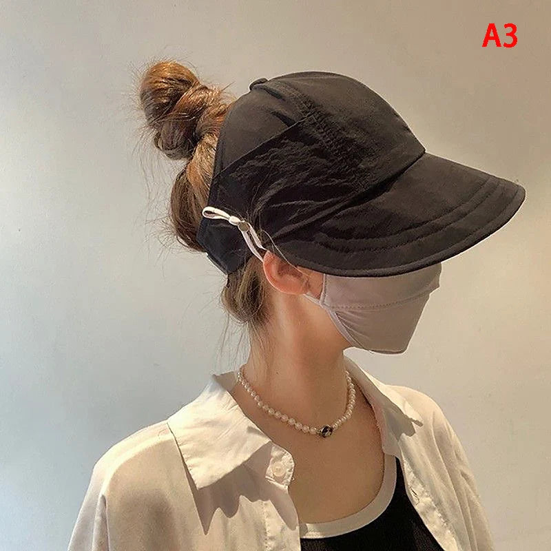 Foldable Wide Brim Ponytail Sun Hat Drawstring Adjustable Cap  Summer Quick-dry Visor Fisherman CapFor Women Beach Hat