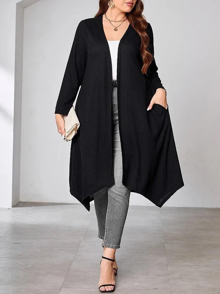 GIBSIE Plus Size Black Casual Long Cardigan Women Spring Fall Loose Long Sleeve Open Front Outwear Top Female with Pockets