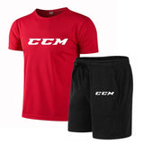 Summer Men's Fitness Fashion Men's Casual Sportswear Suit Quick Drying Sports Suit CCM Short Sleeve T-Shirt + Shorts 2 Piece Set