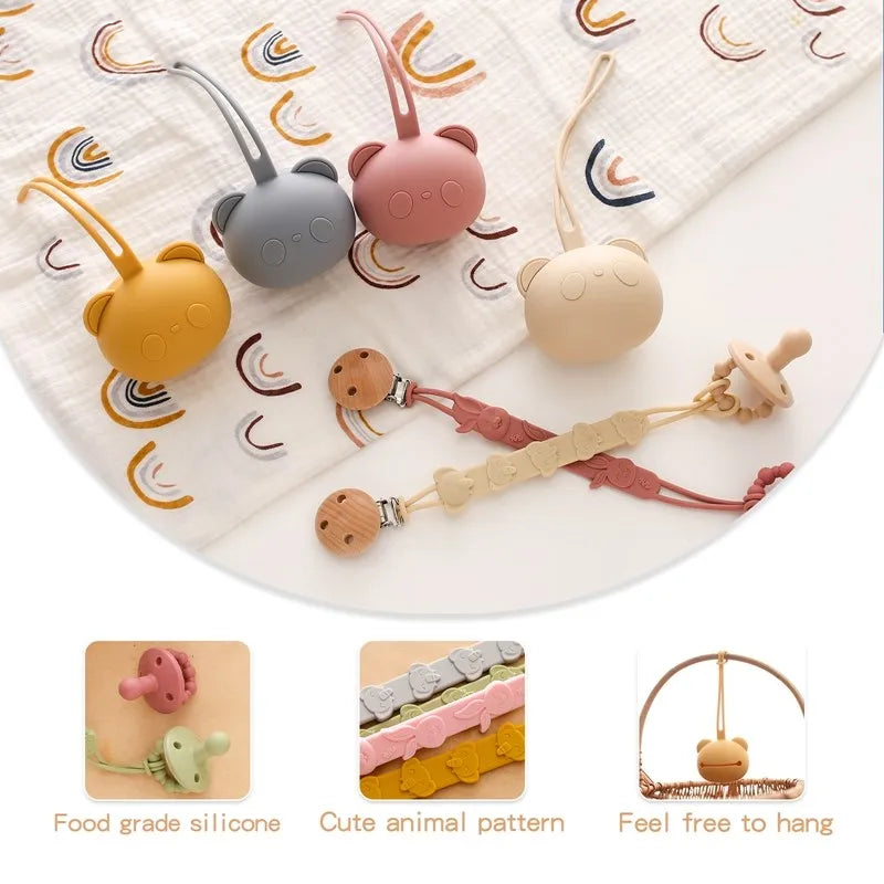  Baby Silicone Pacifier Holder Set BPA Free Food Grade Silicone Infant Travel Portable Storage Box Silicone Chain Nipple Set