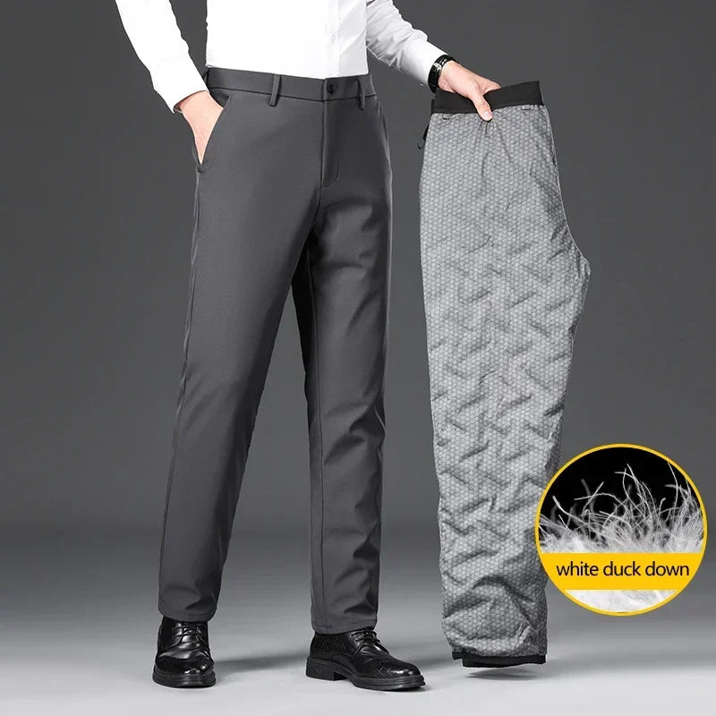 Winter Light and Warm Down Casual Pants High Quality Business Fashion Solid Color Straight Stretch Trousers Black Dark Gray