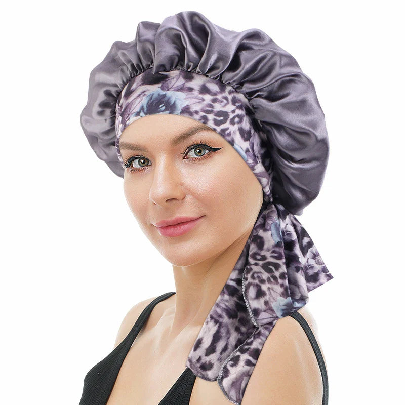 Women Satin Print Sleeping Cap Nightcap Bonnet Headband Women Scarf Sleep Night Hat Bow Bandana Hair Care Headwear Shower Hats