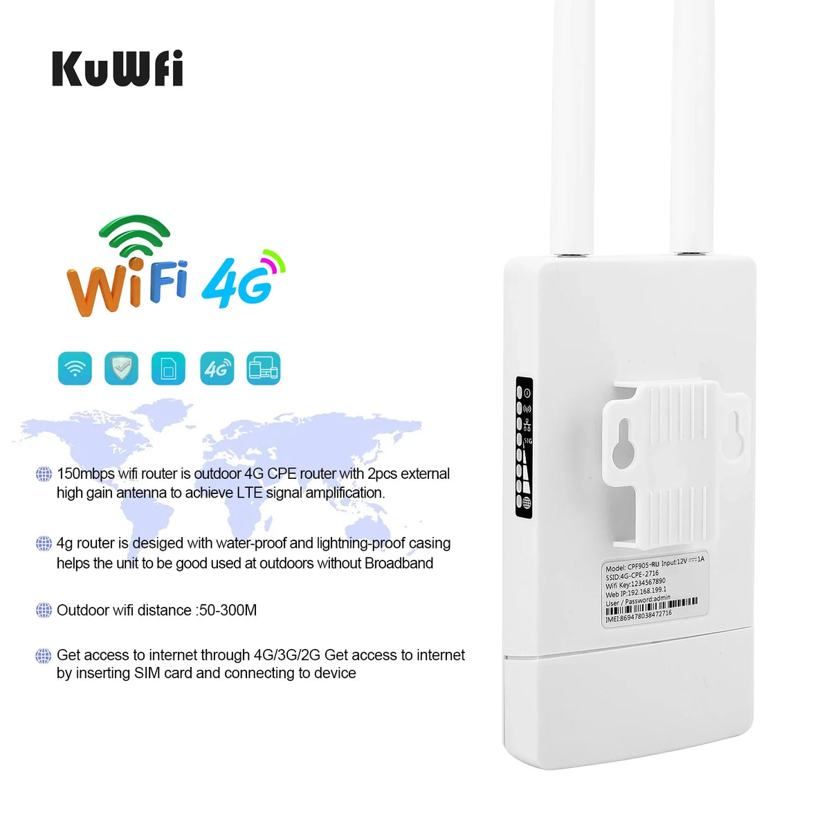 KuWFi 4g Outdoor Wifi Router With Sim Card Slot 150Mbps CAT4 LTE Routers All Weather Wifi Outside Booster Extender for IP Camera