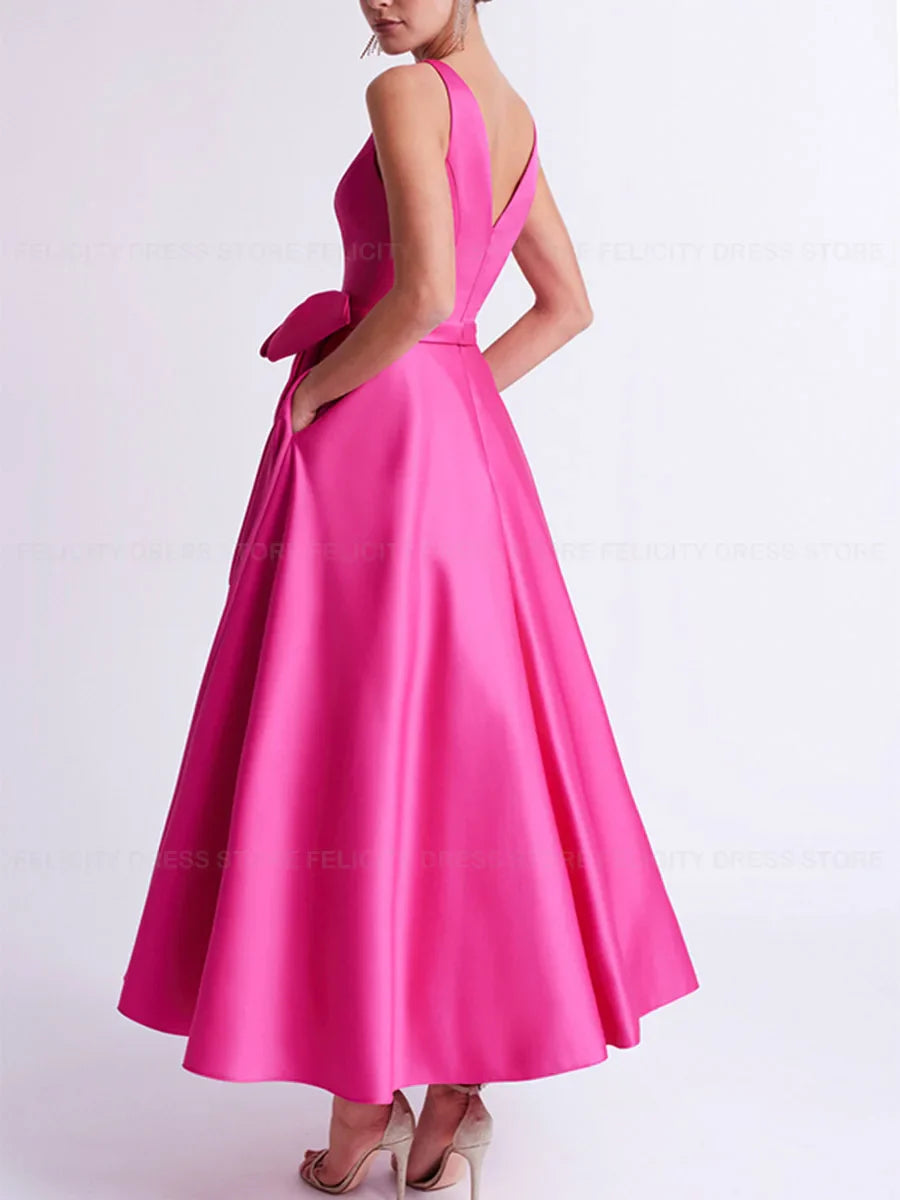 Satin Mother of the Bride Dress 2023 A-Line V-Neck Formal Wedding Guest Dresses Bow Pocket Ankle-Length Sexy Evening Party Gowns