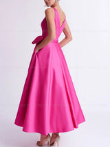 Satin Mother of the Bride Dress 2023 A-Line V-Neck Formal Wedding Guest Dresses Bow Pocket Ankle-Length Sexy Evening Party Gowns