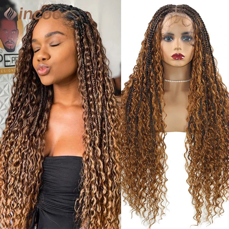 32 Boho Box Braid Wigs Curly Braided Full Lace Front Wigs Pre Plucked With Baby Hair For Women 613 Blonde Braided Synthetic Wig