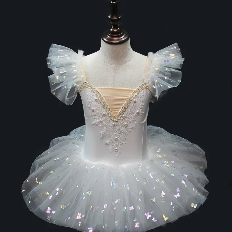 2023 New Ballerina Fairy Prom Party Costume Kids Blue Sequined Flower Dress Girls Dance Wear Gymnastic Ballet Leotard Tutu Dress