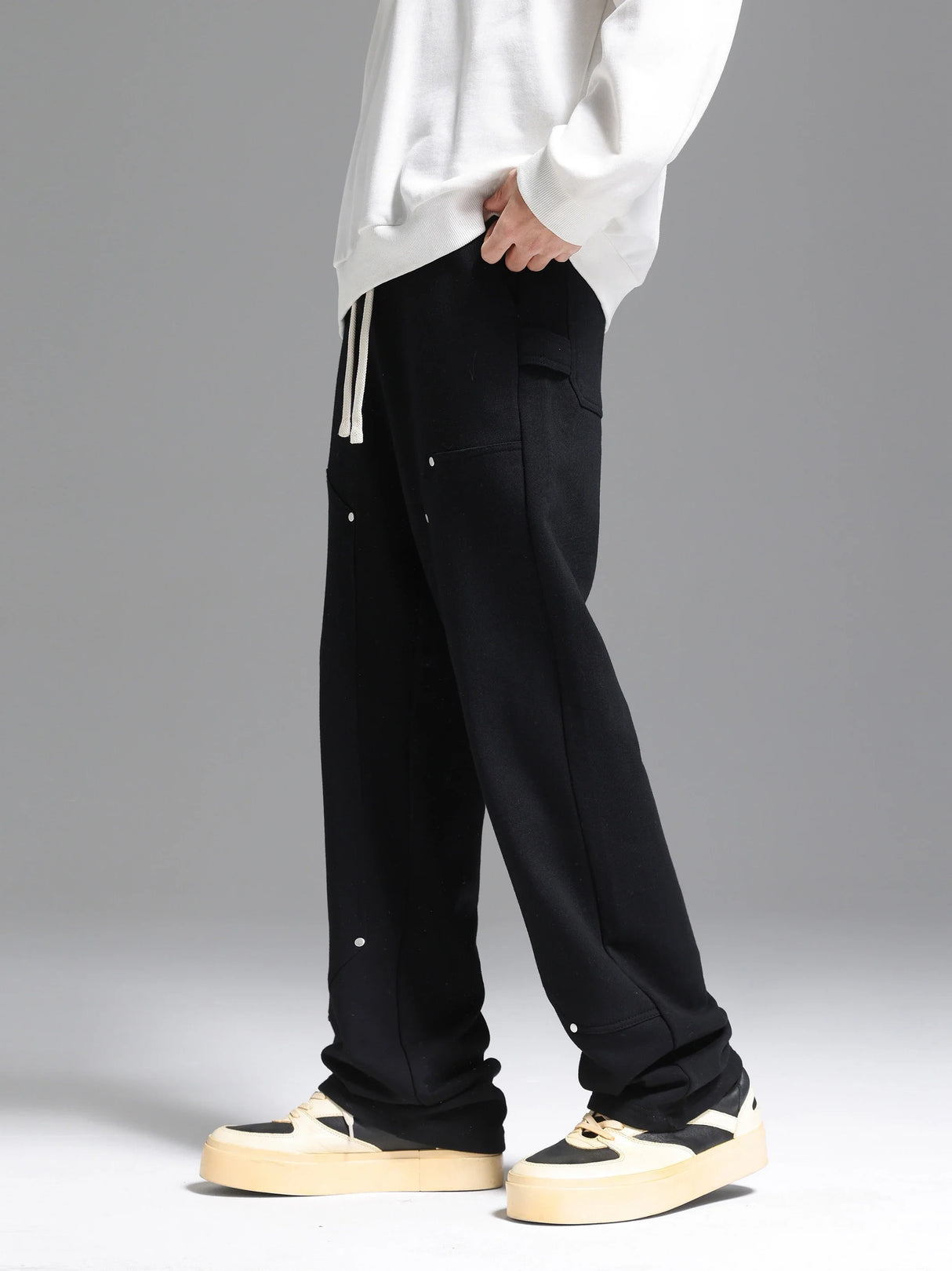 Side Strap button-down Logging Sweatpants Straight Leg Loose Heavy Cotton High Street Slacks