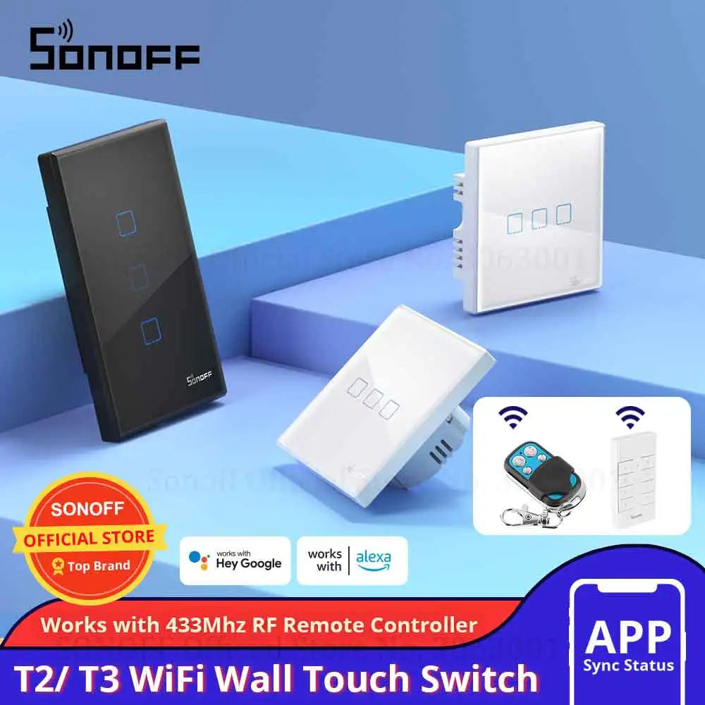 SONOFF T2/ T3 EU/ UK/ US Wifi/ 433mhz RF Smart Wall Touch Switch 1/2/3 Gang Remote Control Wifi Light Switches For Smart Home