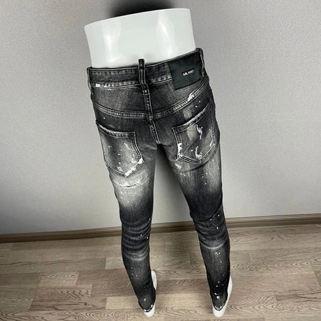 Streetwear Fashion Men Jeans Retro Black Gray Elastic Slim Fit Hole Ripped Jeans Men Painted Designer Hip Hop Brand Pants Hombre