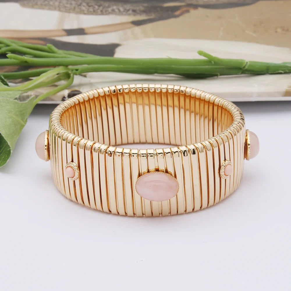 25mm Wide Spring Chain Bracelet For Woman Copper Bangle Natural Stone Malachite Bohemia Exquisite Gold Color Fashion Jewelry