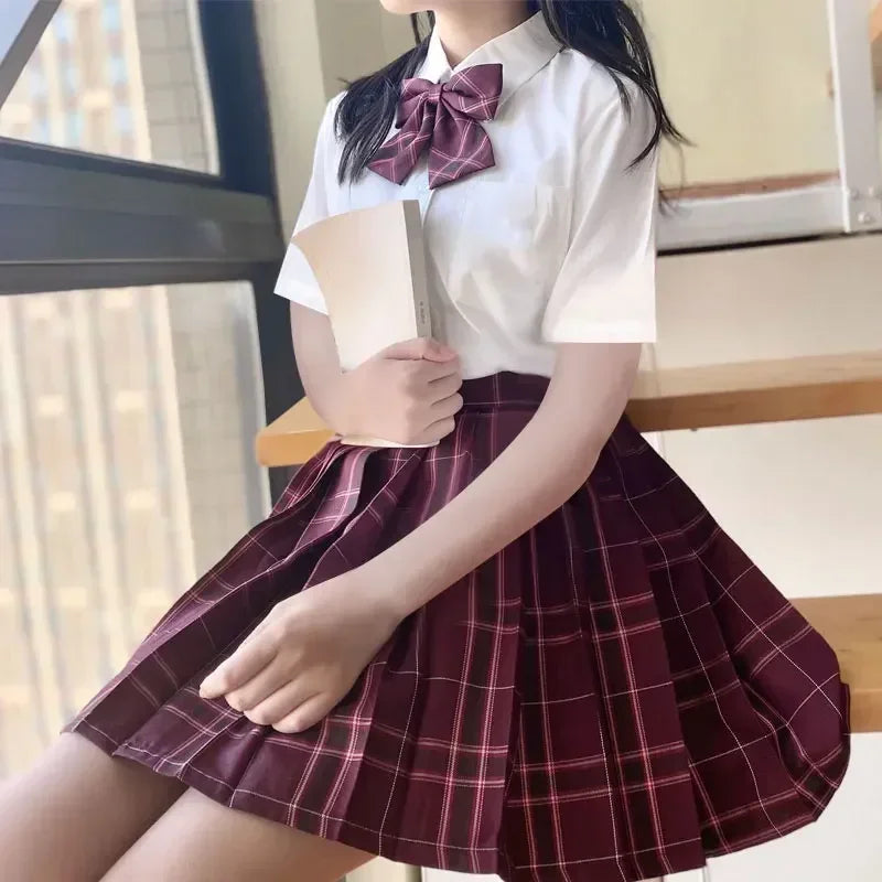 Japanese Uniform Korean School JK Uniform Shirt Plaid Skirt Set South Korea Students Short Sleeve Pleated Skirt Set Girl Seifuku