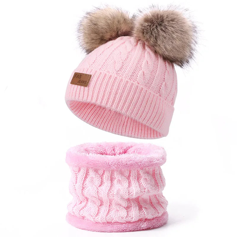 Baby Warm Winter Hats Scarf Gloves 3pcs Set Kids Toddler Bonnet Cute Pompom Knitted Hats Outdoor Warm Infant Accessories 1-5Y