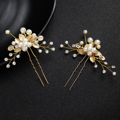 Pearl Flower Hairpin Side Comb Golden Leaf Shaped Alloy Tiaras Wedding Bride Insert Hair Clips Hair Jewelry Bride Headwear