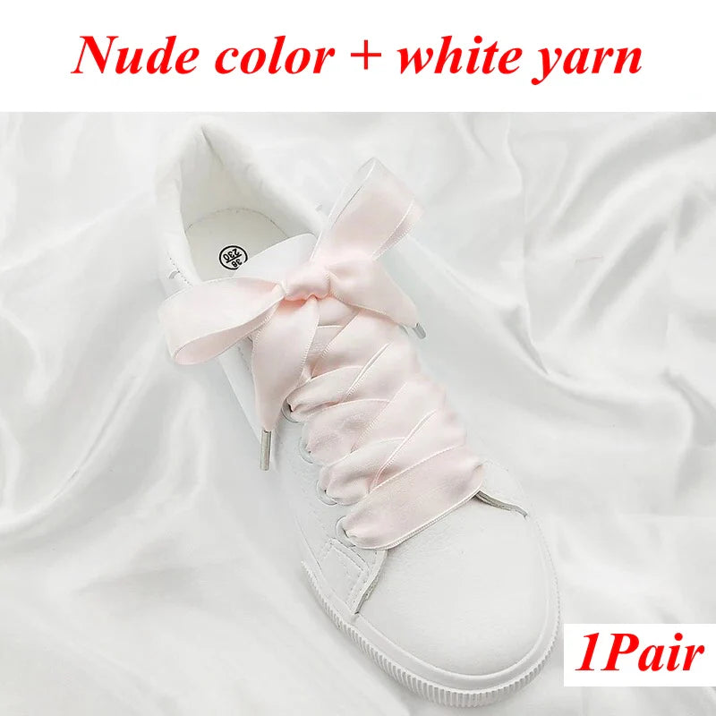 1 Pair Silk Shoe Laces Satin Ribbon Flat Shoelaces Girls Casual Canvas Shoes Double-sided Weaving White Shoe Lace Accessories