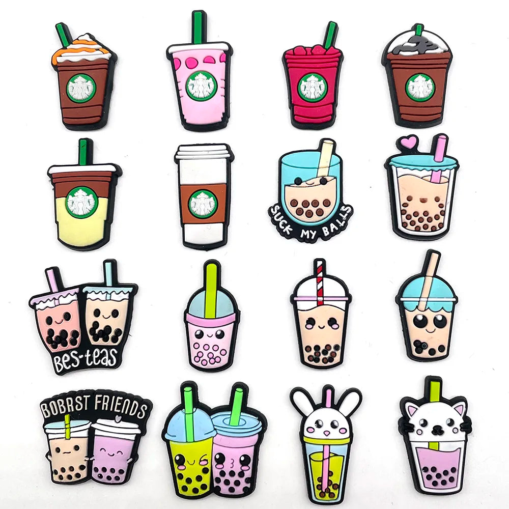 16Piece set Shoe Charms cute Exquisite Milk Tea Succession Shoe Decoration Children's Holiday Party Gift Sandal Accessories