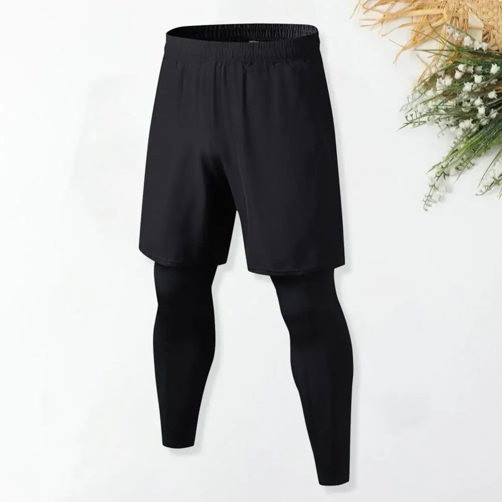 Men Fake Two-Piece Sport Pants Fitness Jogger Training Quick Dry Skinny Shorts Trousers Gym Short Workout Leggings Tights Traini