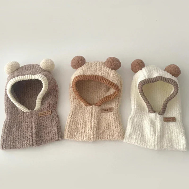 Korean Baby Hood Beanies One Piece Scarf Cap Winter Warm Knitted Ear Protection Balaclava Hat Solid Color Infant Headgear Bonnet