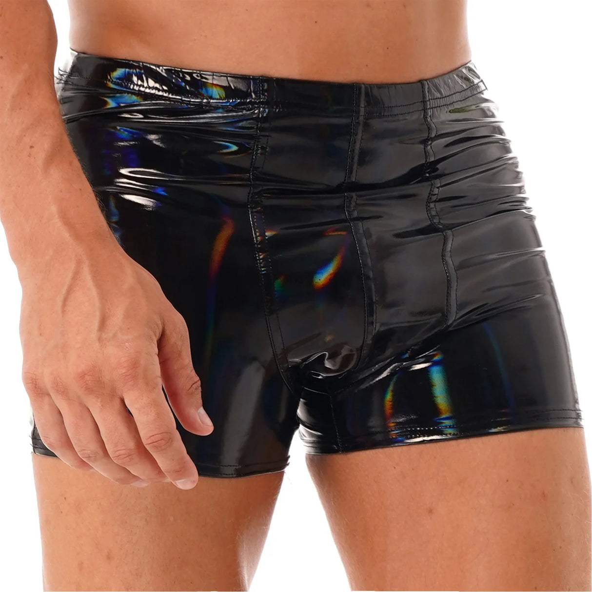 Sexy Mens Wet Look Patent Leather Boxer Briefs Bulge Pouch Shorts Underwear Shiny Metallic Swim Trunks Bikini Bottoms Swimwear