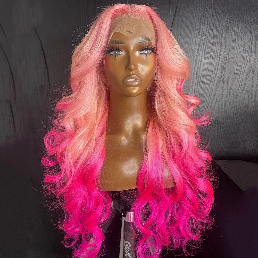 26Inch Ombre Pink Color Transparent Synthetic Lace Front Wig Drag Queen Loose Wave Highlight Cosplay Glueless Women's Lace Wigs