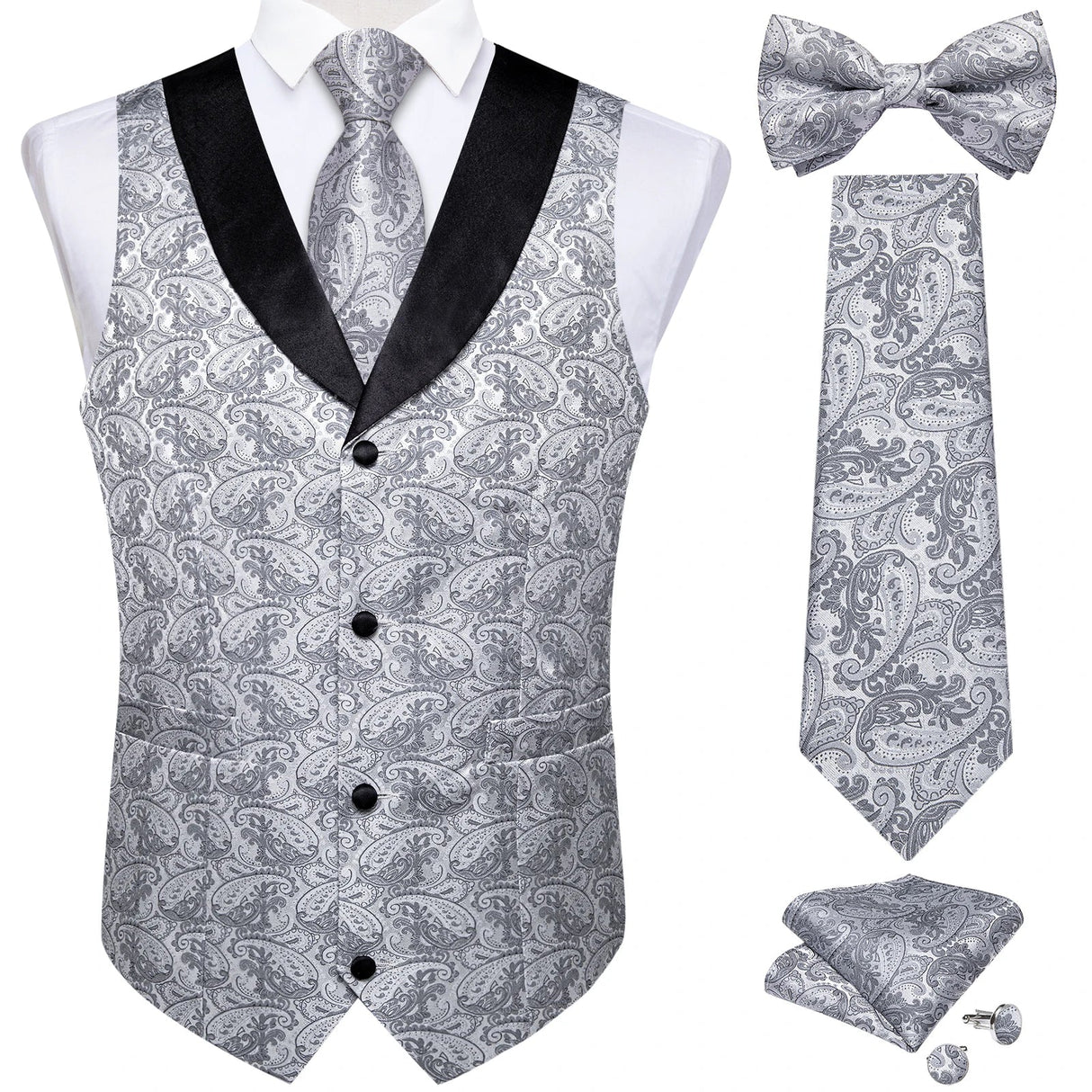 Brand Suit Vest Set For Men Luxury Silk Black Gold Paisley Dress Vest Tie Cufflinks Handkerchief Set Male Sleeveless Waistcoat