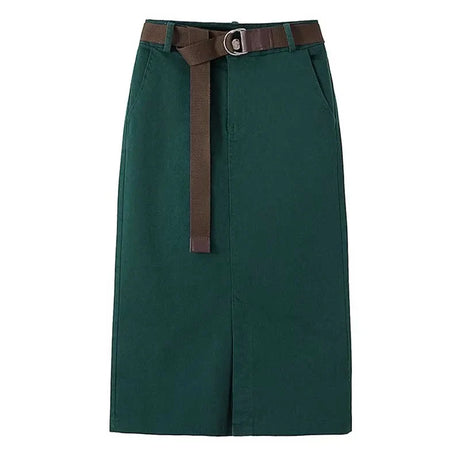 Plus Size Slim High Waist Front Slit Midi Straight Skirts 4XL Women Japanese Harajuku Sashes Pockets Bodycon Green Cargo Skirt