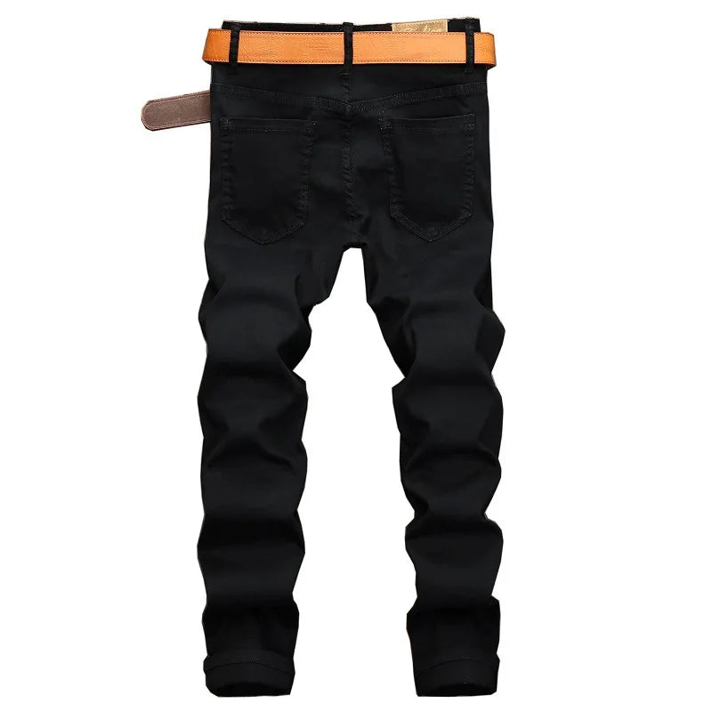 Men Jeans Knee Hole Design Denim Pants Black Zipper Patchwork Straight Plus Size Thin Fashion Male Dropship