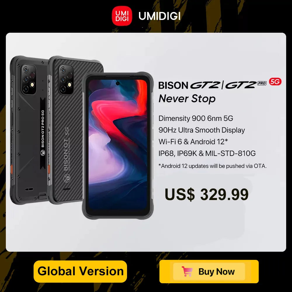 UMIDIGI BISON GT2 PRO 5G Dimensity 900 Android 12 IP68 IP69K Rugged Smartphone 6.5" FHD+ 64MP AI Triple Camera 6150mAh Battery