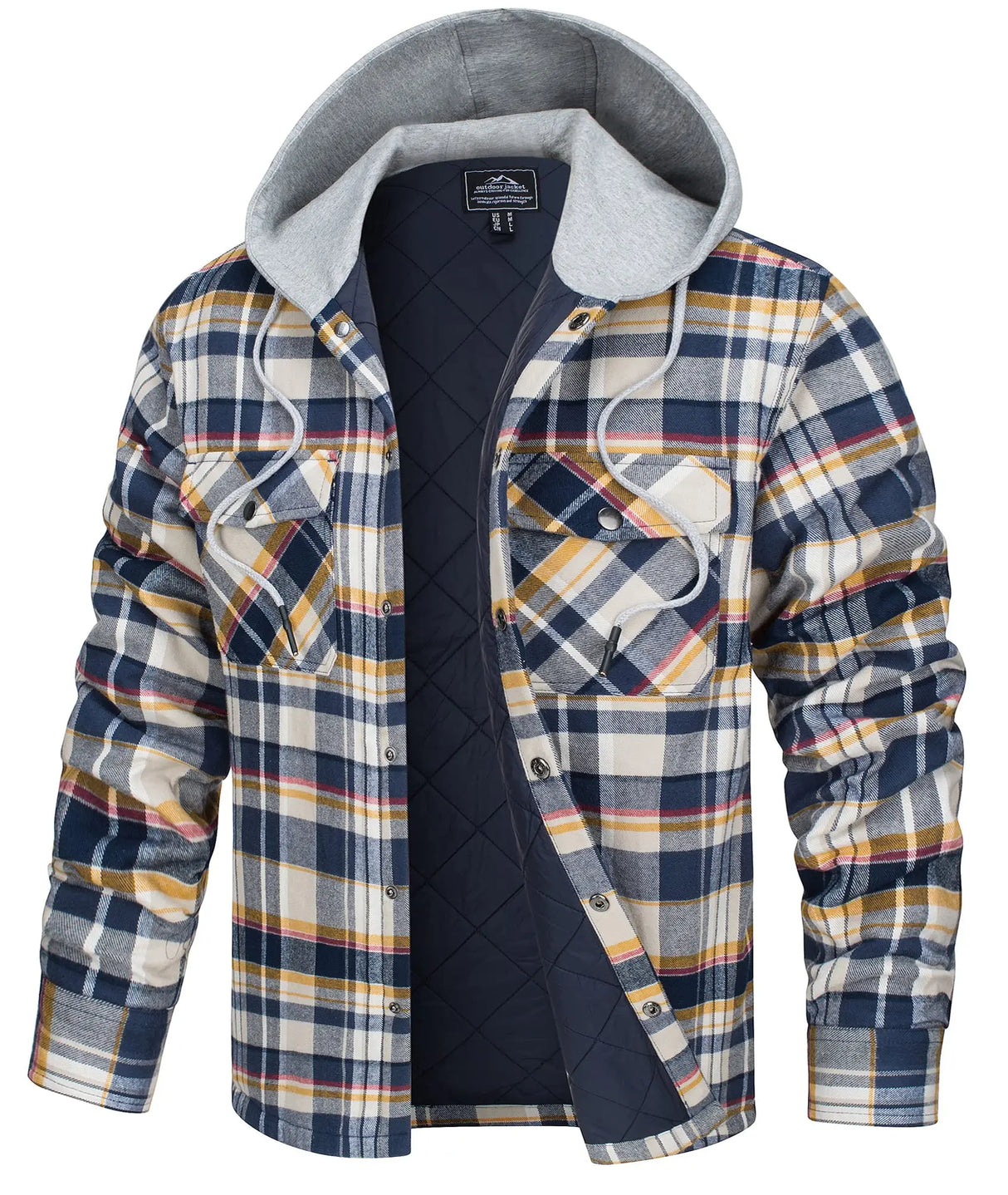 TACVASEN Cotton Flannel Shirt Jacket with Hood Mens Long Sleeve Quilted Lined Plaid Coat Button Down Thick Hoodie Outwear