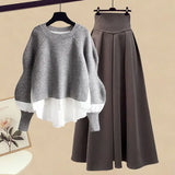 2023 Autumn/Winter New Korean Elegant Splice Fake Two Piece Knitted Sweater Dress Matching Set Women's Chic Pullover Skirt Set