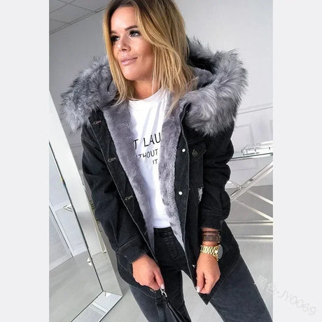 New 2024 Fashion Hooded Big Fur Collar Denim Jacket Women Casual Warm Mid-length Ripped Coat Denim Jacket for Women Denim