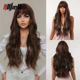 Copper Ginger Brown Wigs with Bangs Natural Synthetic Long Wavy Wigs for Black Women Afro Cosplay Daily Heat Resistant Hair Wig