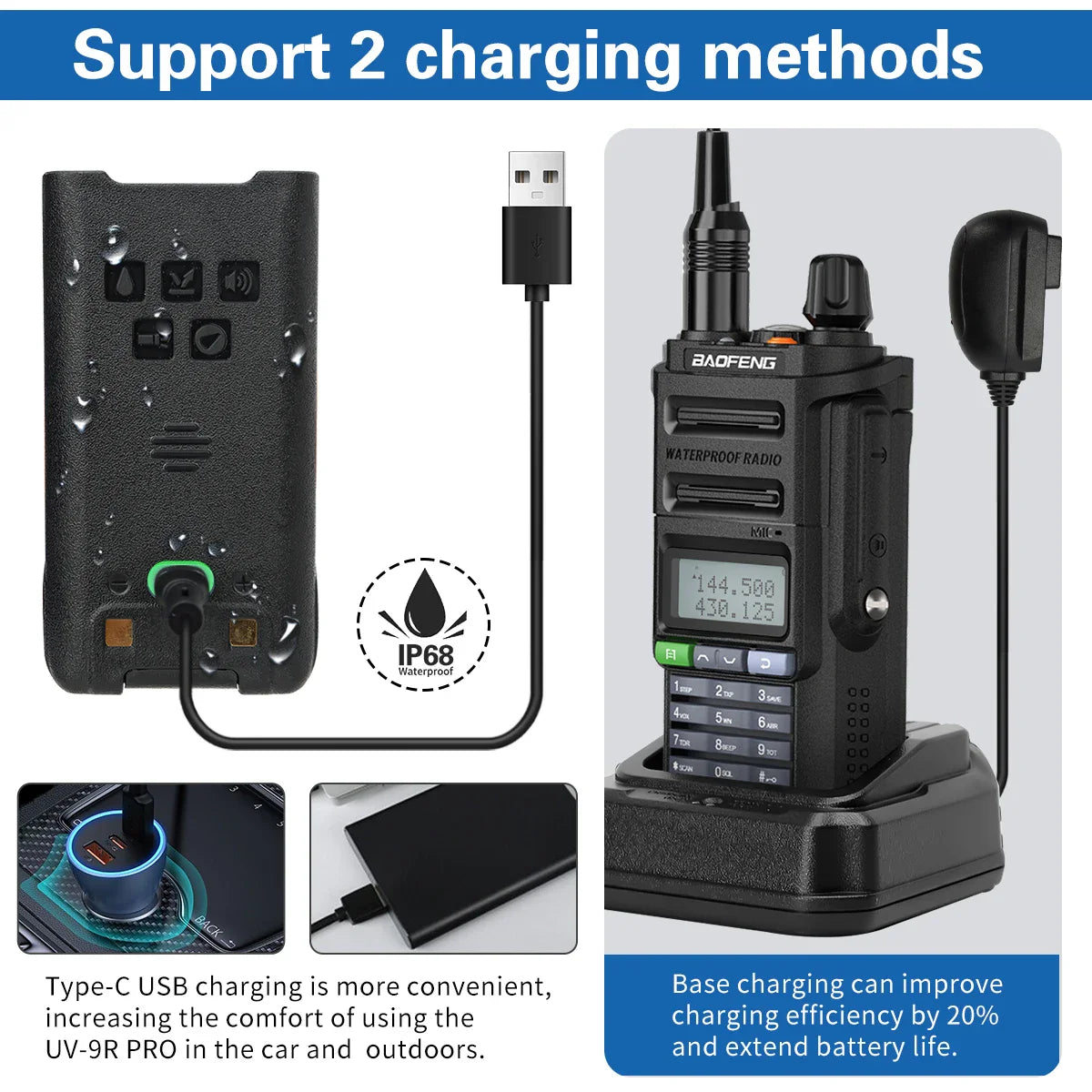 2024 Baofeng UV-9R Pro V1 V2 Waterproof IP68 16KM Walkie Talkie Type-C Charger UHF VHF Long Range UV-5R Upgrade Ham CB Radio