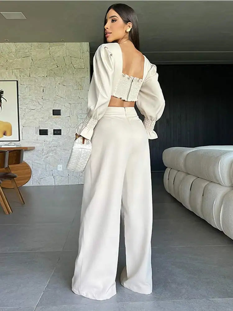 Women Elegant 3d Flower High Waist Wide Leg Pants Suit Chic V Neck Long Flare Sleeves Crop Top Set Female Fashion Outfits 2024