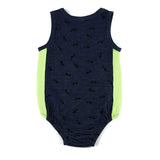 AA-Baby boy and girls blue denim short romper sleeveless side green ribbed bottom opening baby summer familiy clothes round neck