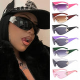 Rimless Y2K Sunglasses for Women Men,Trendy Wrap Around Sunglasses Punk One Piece Goggles Oversized Sports Sun Glasses