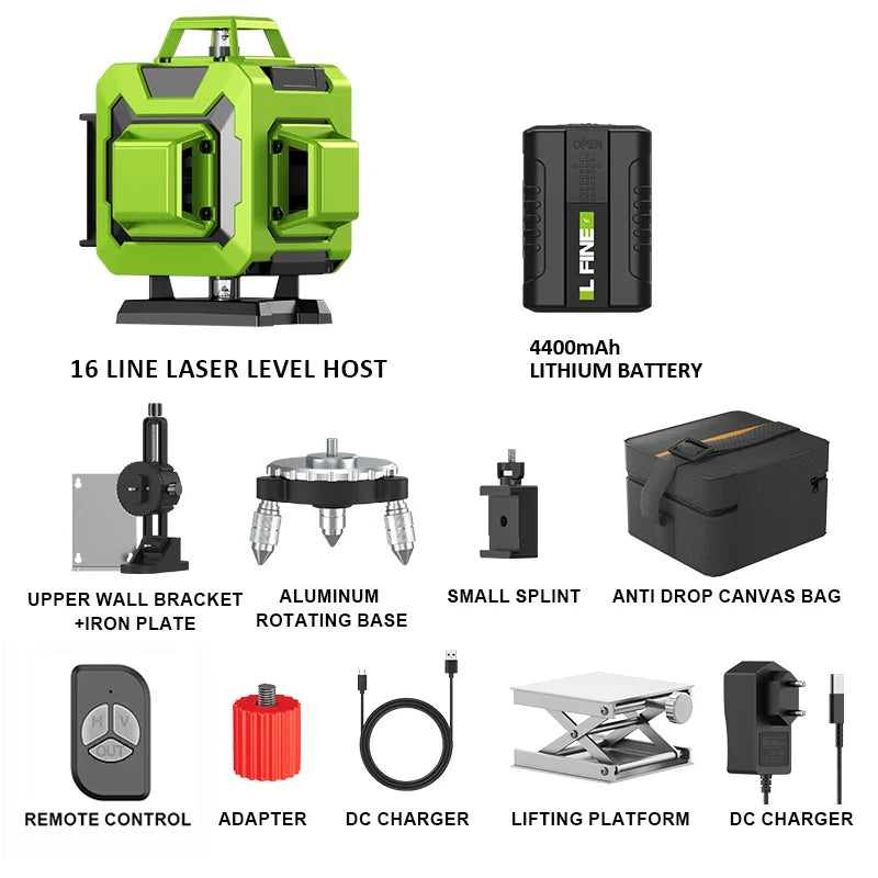 LFINE Laser Levels 4D 16 Lines 8 Lines Horizontal Vertical Cross Green Laser With Remote Control 360 Self-leveling Laser Level