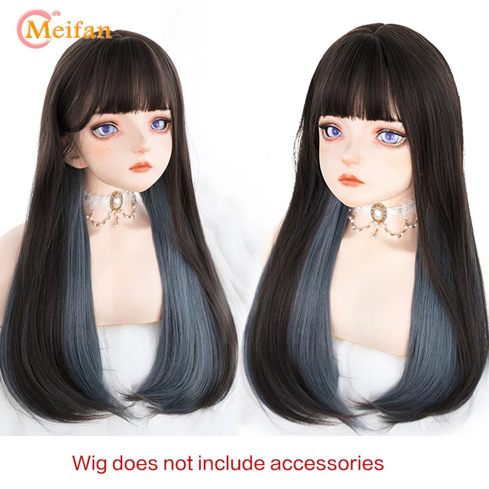 MEIFAN Synthetic Long Straight Lolita Wig with Bangs Wig Girl Cute Mixed Black Red Blonde Cosplay Party Halloween Harajuku Wig