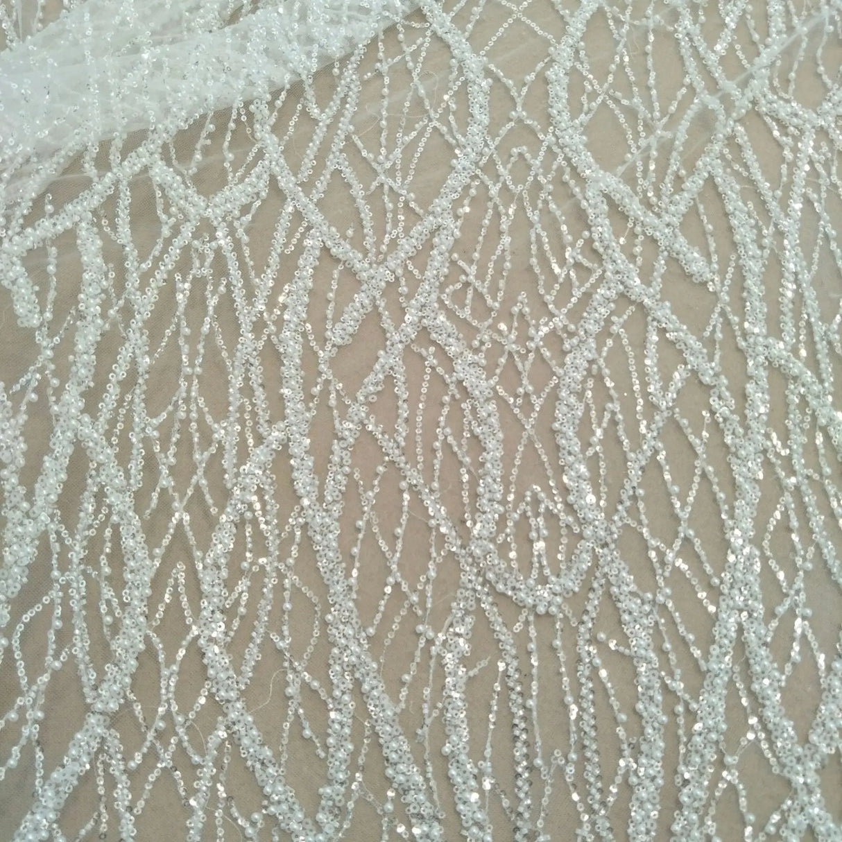 Elegant fashion heavy beading lace fabric with pearls 130cm width wedding gown dress lace fabric sell by yard