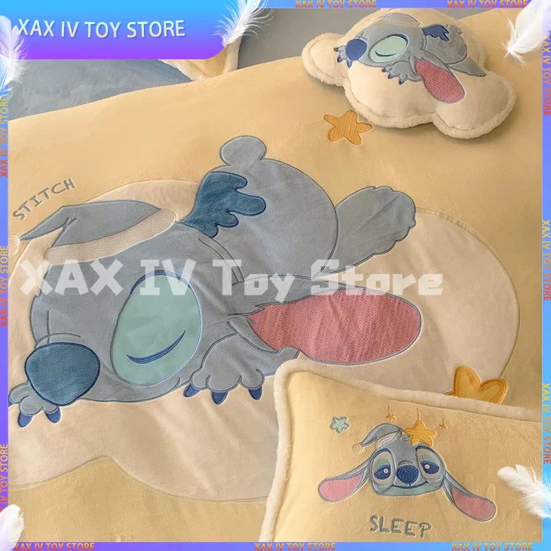 Cartoon Kawaii Disney Stitch Milk Velvet Four-piece Warm Bed Linen For Children In Winter Animation Derivatives Holiday Gift