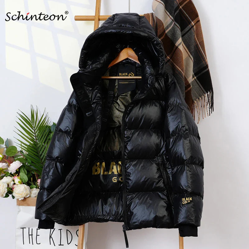 Schinteon Women White Duck Down Jacket with Hood Casual Over Size Autumn Winter Warm Loose Thick Short Outwear 2023 New