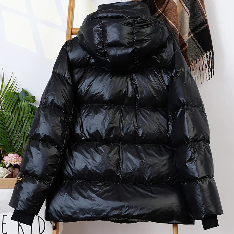 Schinteon Women White Duck Down Jacket with Hood Casual Over Size Autumn Winter Warm Loose Thick Short Outwear 2023 New