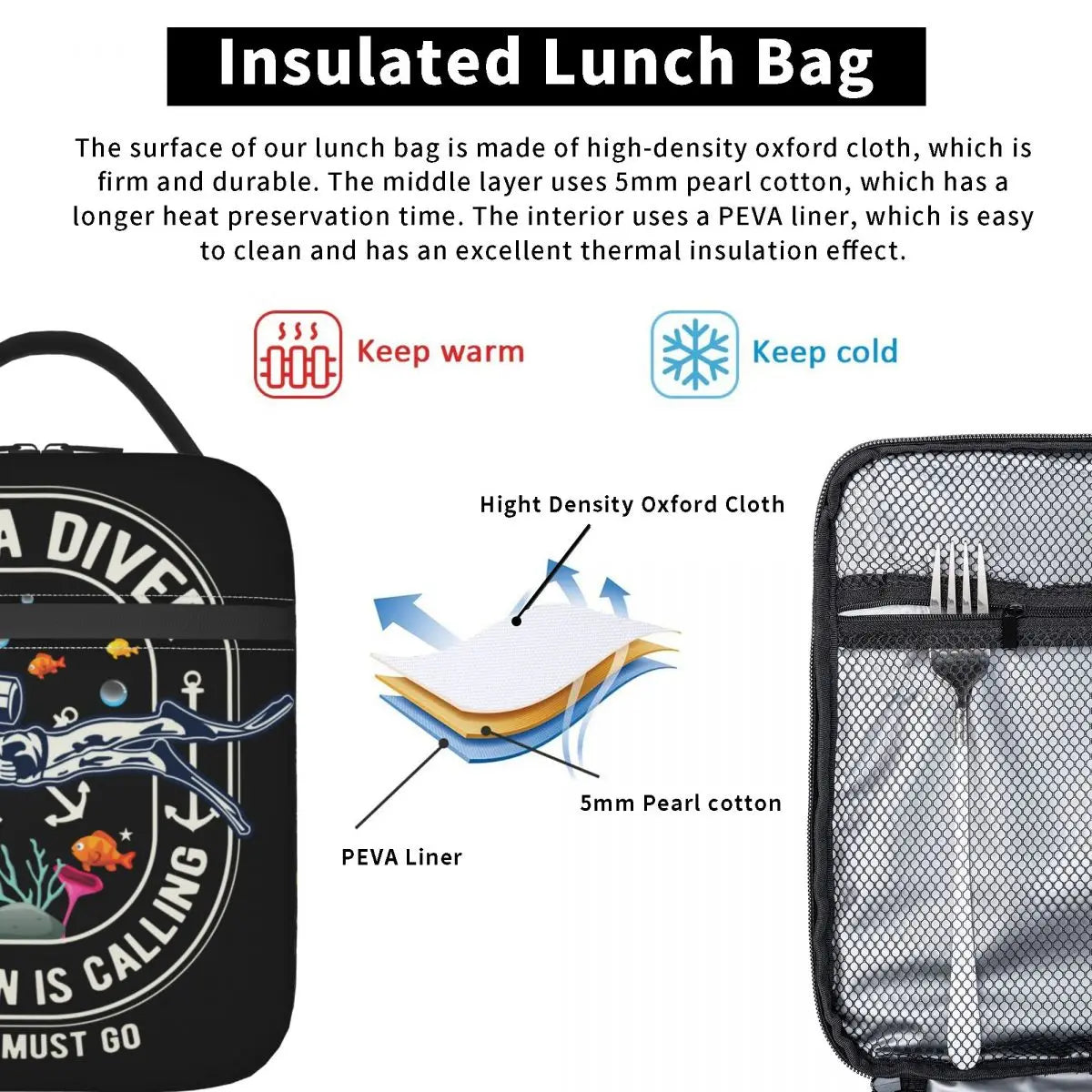 Scuba Diving Insulated Lunch Bags for Women Adventure Ocean Dive Diver Portable Cooler Thermal Bento Box Work School Travel