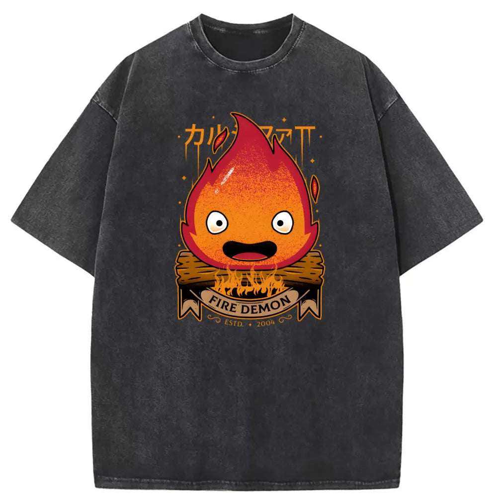 Calcifer Demon T Shirt Hip Hop Fall Washed Tshirt Retro Sweatshirts For Boys Long Sleeve Family Style Streetwear Funny T Shirt