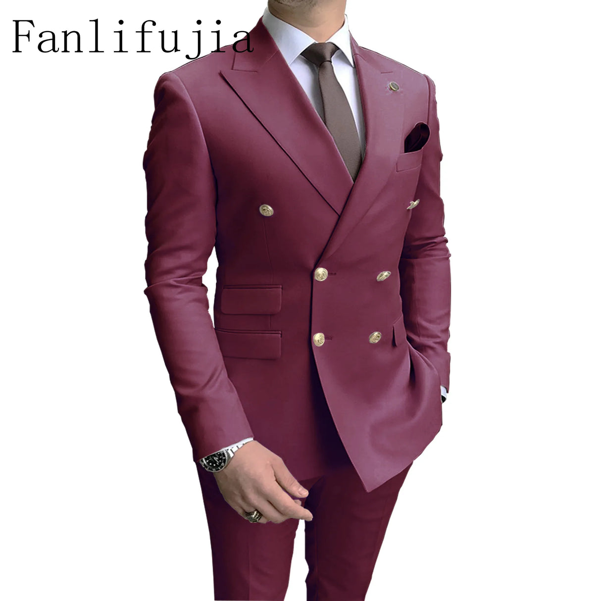 Fanlifujia Store Navy Men Party Tuxedos 2 Pieces Latest Peak Lapel Men Suits Gold Buttons Fashion Style Suits Double Breasted