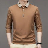 Men's Long Sleeve Turn-down Collar Waffle T-shirt Business Casual Contrast Line Polo Shirt