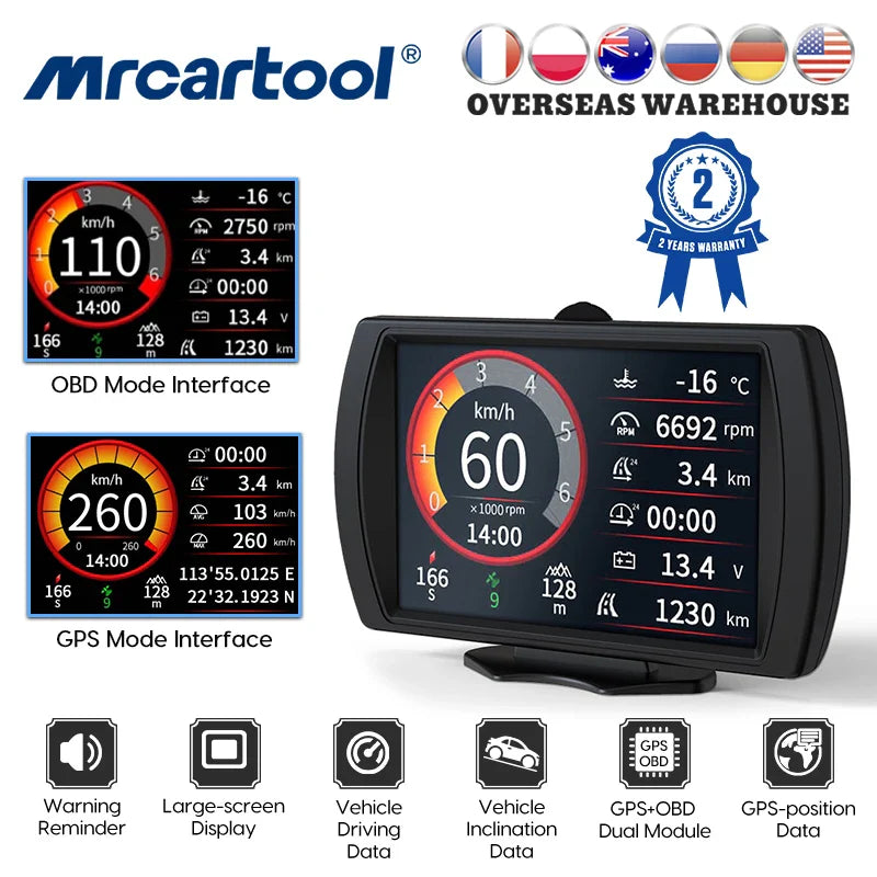 MRCARTOOL Car OBD & GPS HUD Speedometer Slope Meter Overspeed Alarm Automotive Head Up Display Off-road Vehicle Accessory