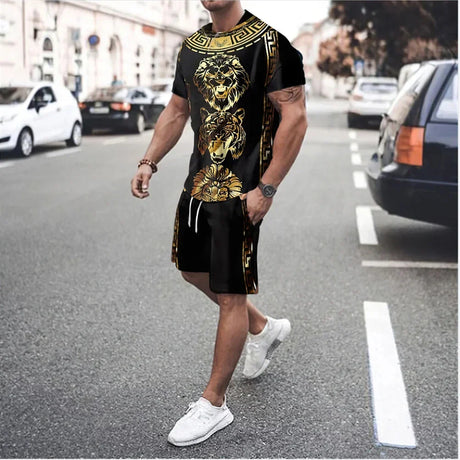 Retro 3D Printed Men's Casual Round Neck Tracksuit Sets Summer T-shirts Shorts 2 Piece Suits Fashion Men Luxury Street Clothing